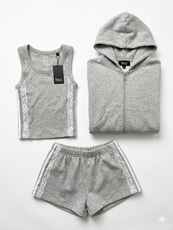 FBZ Grey White Lace 3 piece Shorts Set