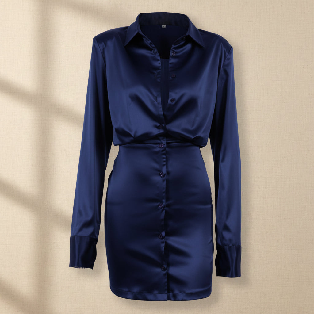 Long Sleeve V-Neck High Waist A-Line Shirt Dress