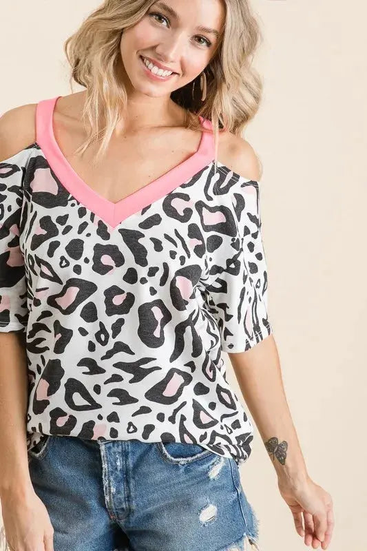 Women's Top - Leopard Print Shoulder Cut Out - Casual T-Shirt
