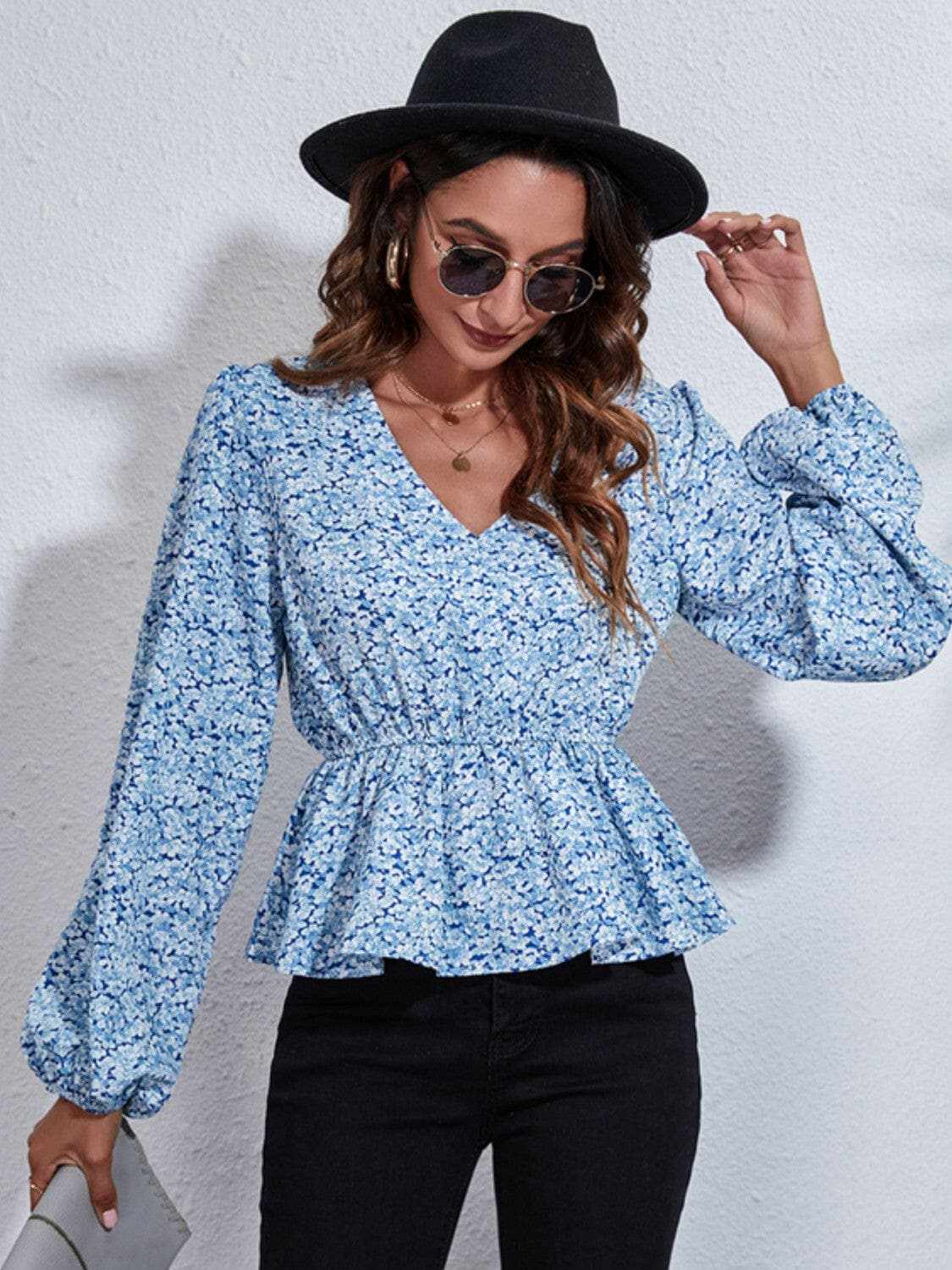 Trendsi Blouses - Floral peplum blouse with V-neck - Premium Quality