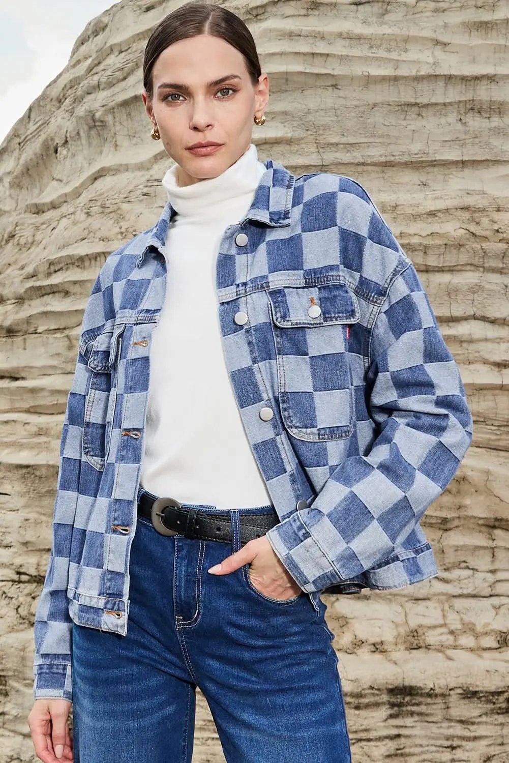 Love Salve Denim Jacket Women's Daily Wear Checkered Patchwork Button-Up Casual Spring