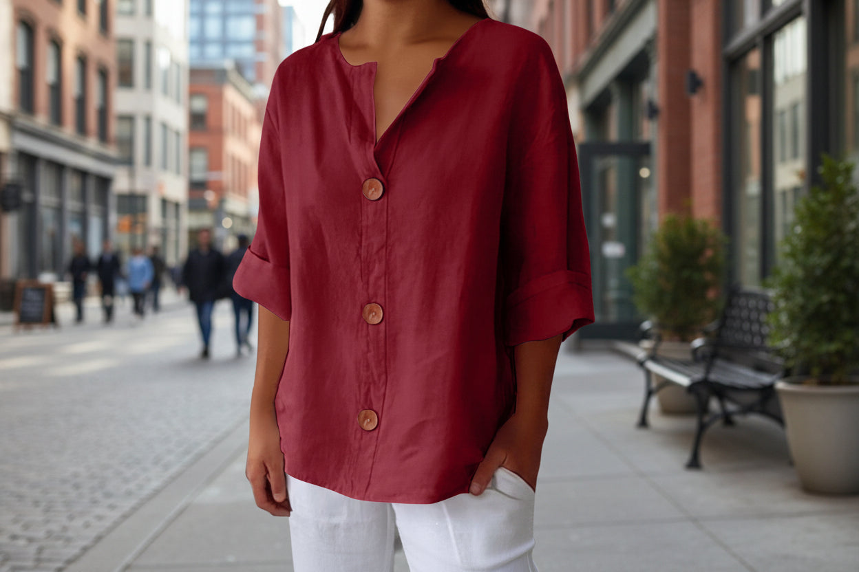 Women's V-Neck Cotton Linen Buttoned Blouse
