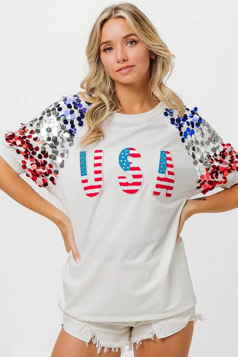 Women's Tee - Sequin American Flag - Patriotic USA Made