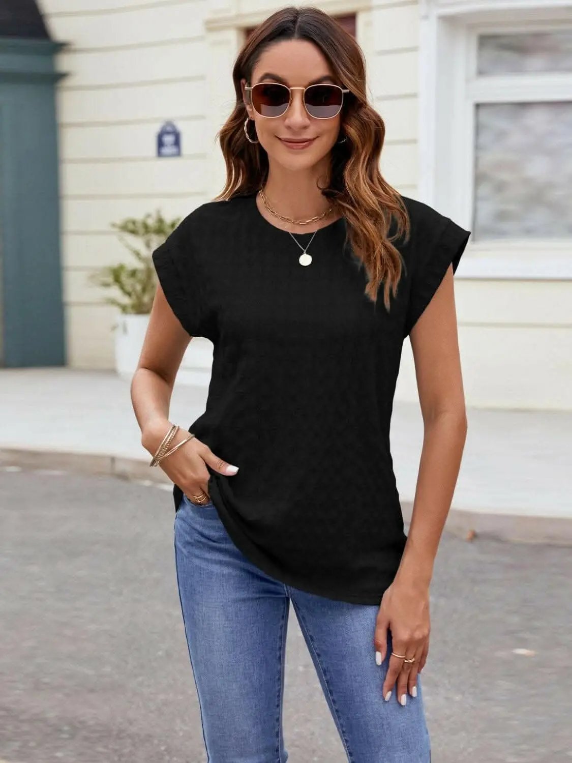 Trendsi just arrived - Textured cap sleeve t-shirt