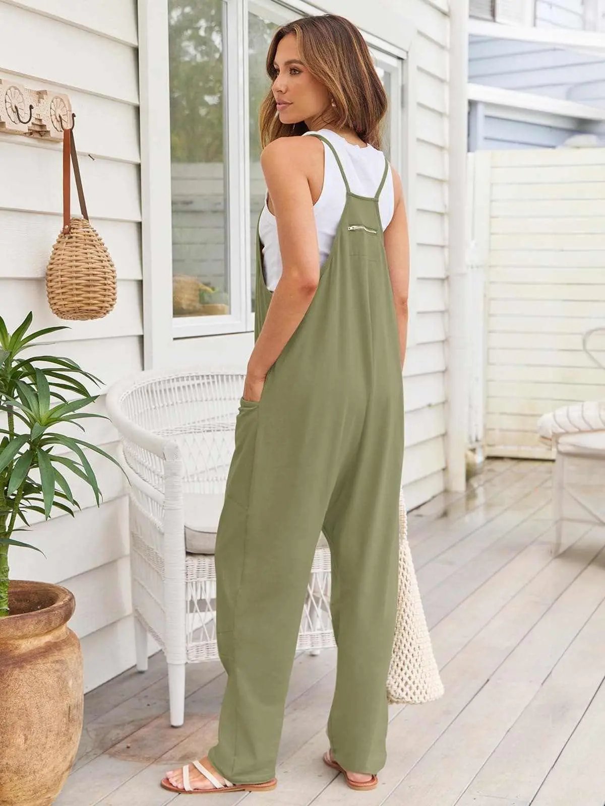 Trendsi V-Neck Jumpsuit Women's Casual Romper Comfy Pocket One-Piece