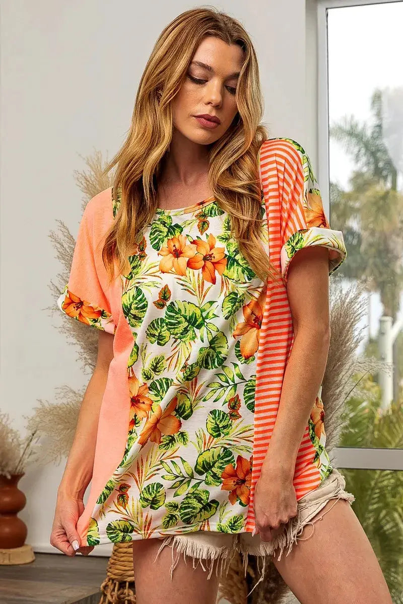 Women's Tee - Floral Stripe Color Block - Casual Style