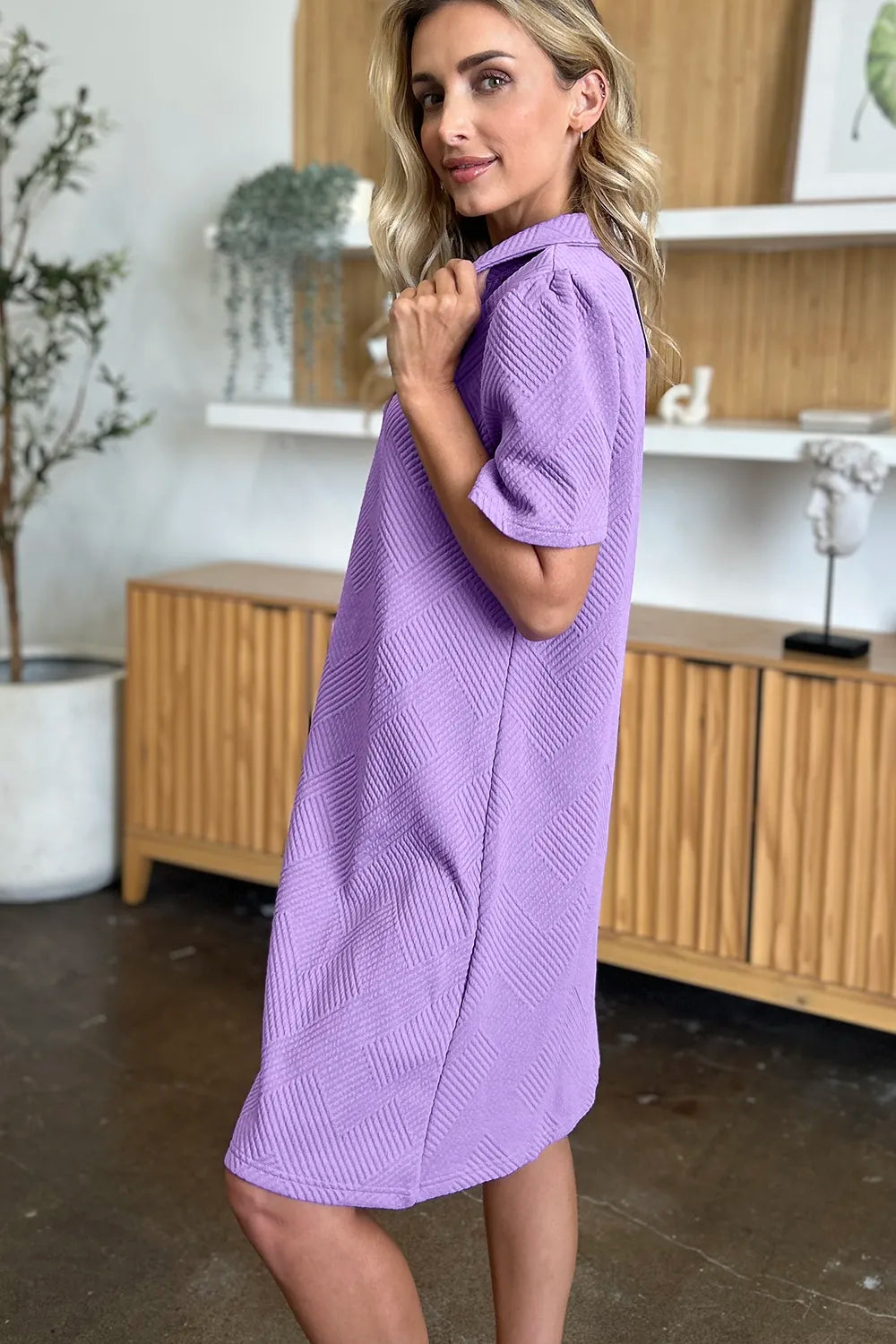 Double Take Textured Collared Short Sleeve Dress