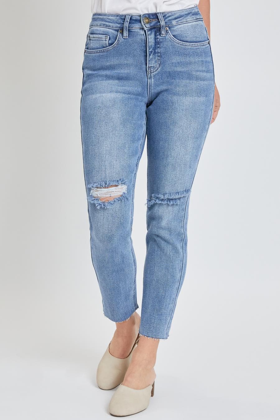 Women's Vintage Wash Straight Ankle Ripped Jean with Frayed Hem