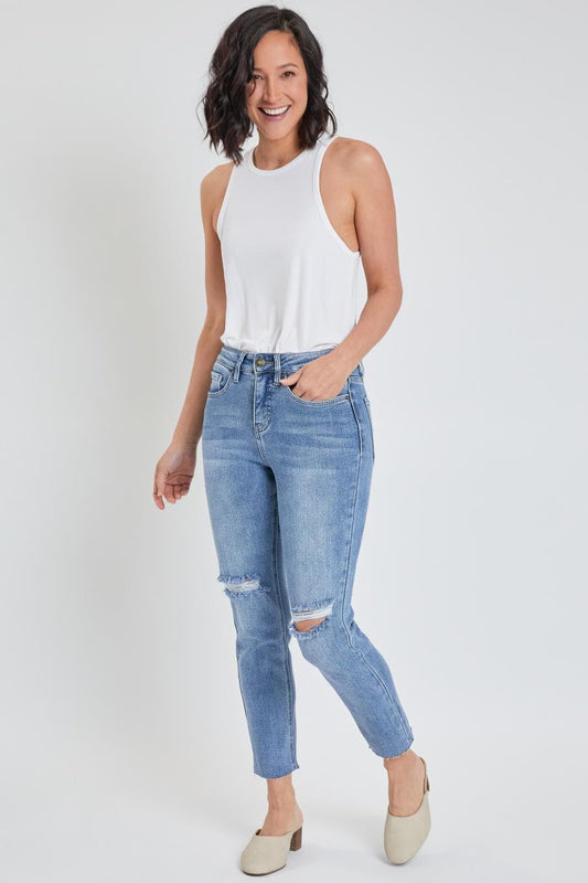 Women's Vintage Wash Straight Ankle Ripped Jean with Frayed Hem