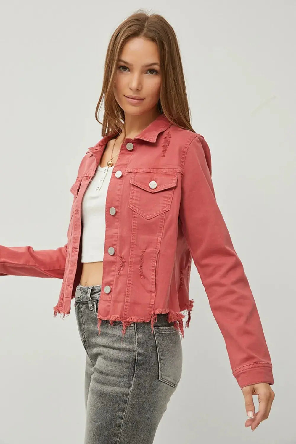 Denim Jacket - Plus Size Cropped Raw Hem - Button Up Top