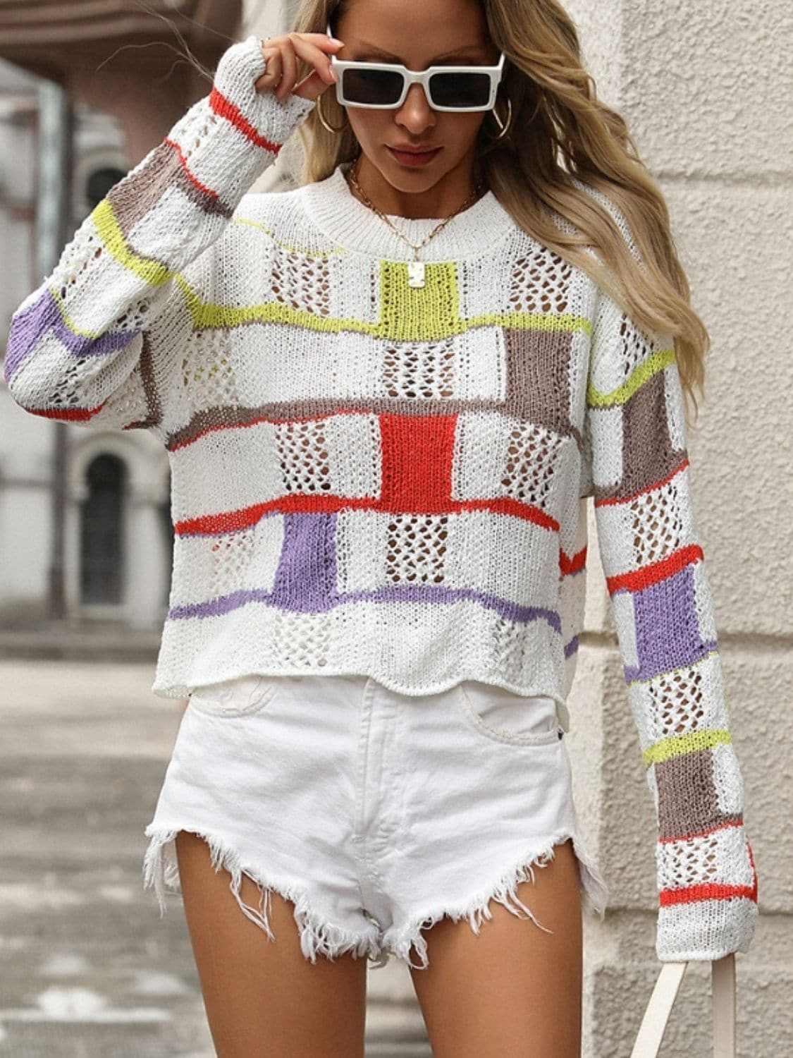 Trendsi Colorful crochet round neck pullover