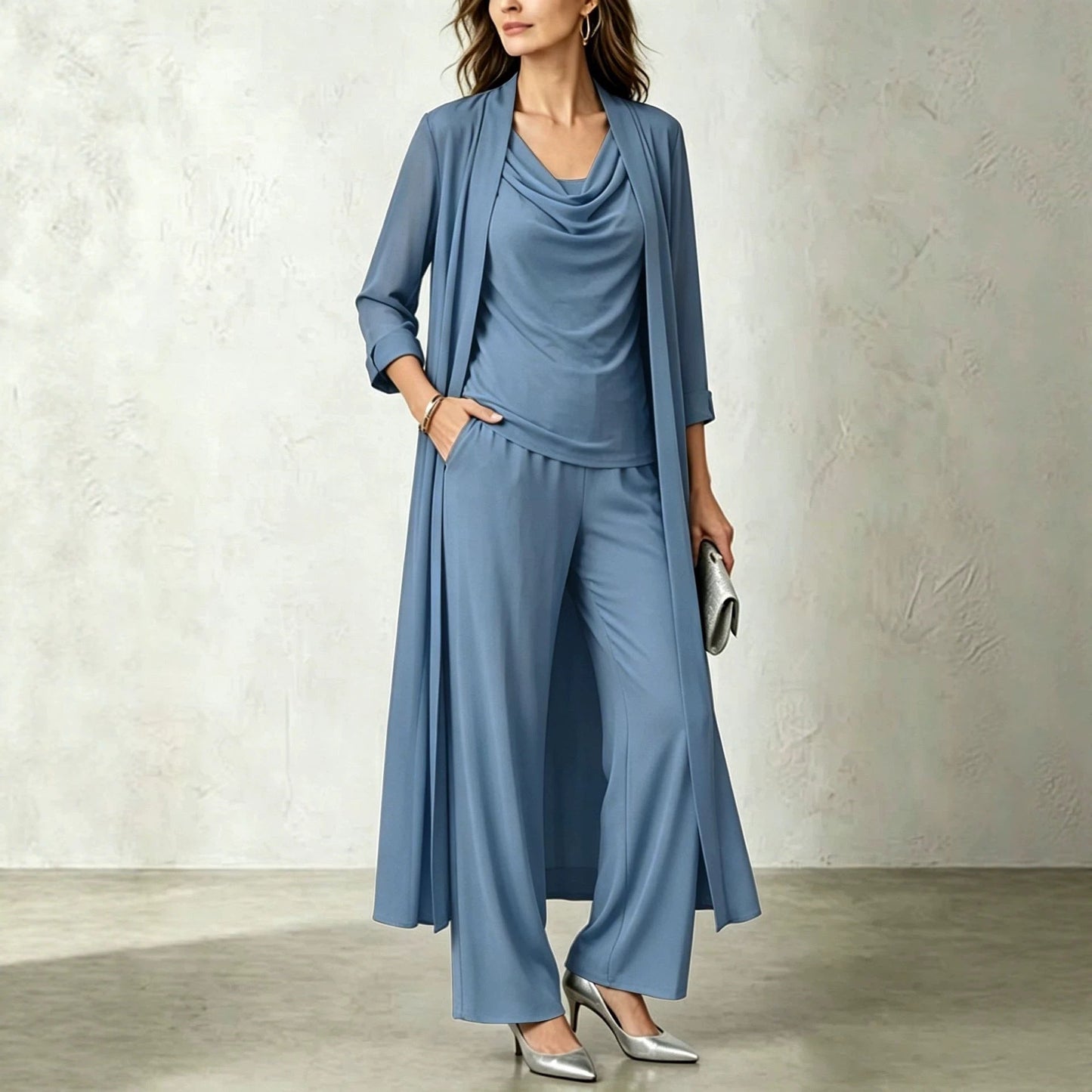 Long Sleeve Swing Collar Cardigan & Wide-Leg Pants Three-Piece Set