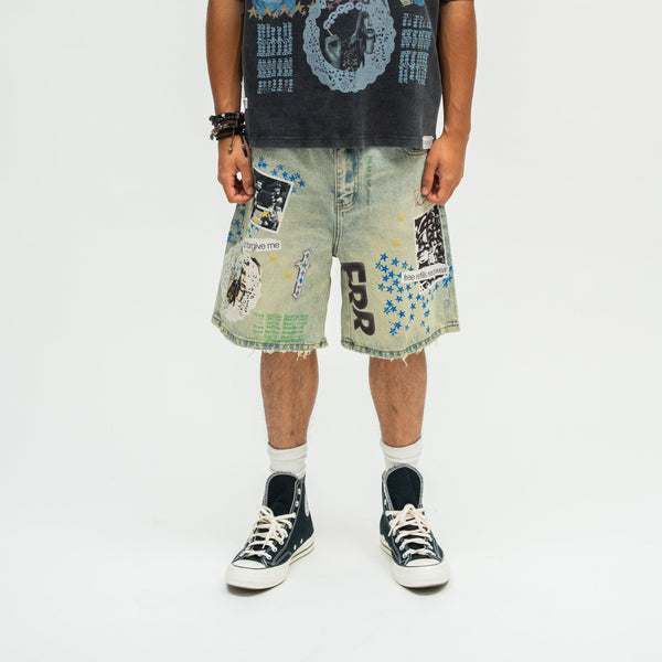 Collage Denim Jorts - Blue