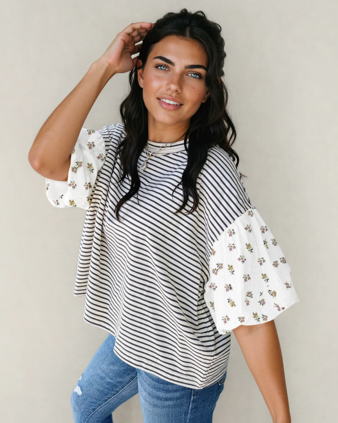 Aviva Puff Sleeve Patchwork Round Neck Loose Top - Black