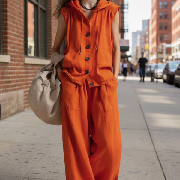 Sleeveless Hooded Top & Wide-Leg Pants Set | High-Waist Two-Piece