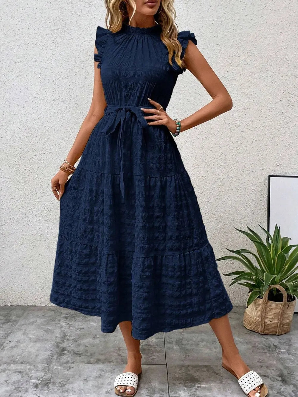 Tied Ruffled Cap Sleeve Midi Dress – Feminine Flowy Style