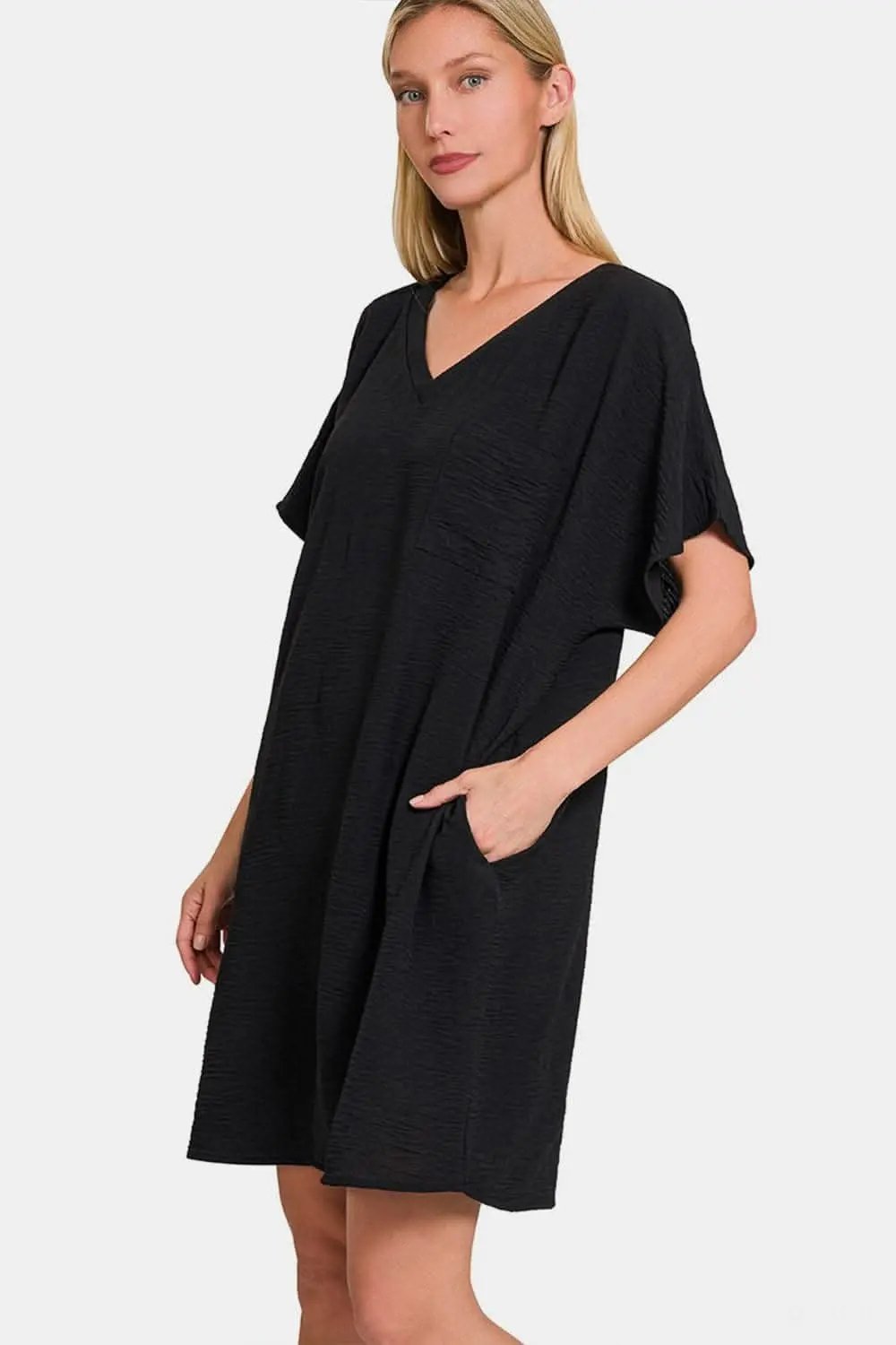 Trendsi Zenana V-Neck Tee Dress with Pockets for Effortles