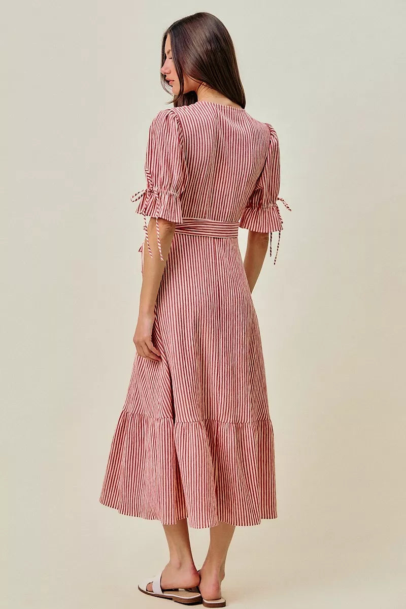 SO ME Stripe Textured Short Sleeves Lined Wrap Midi Dress