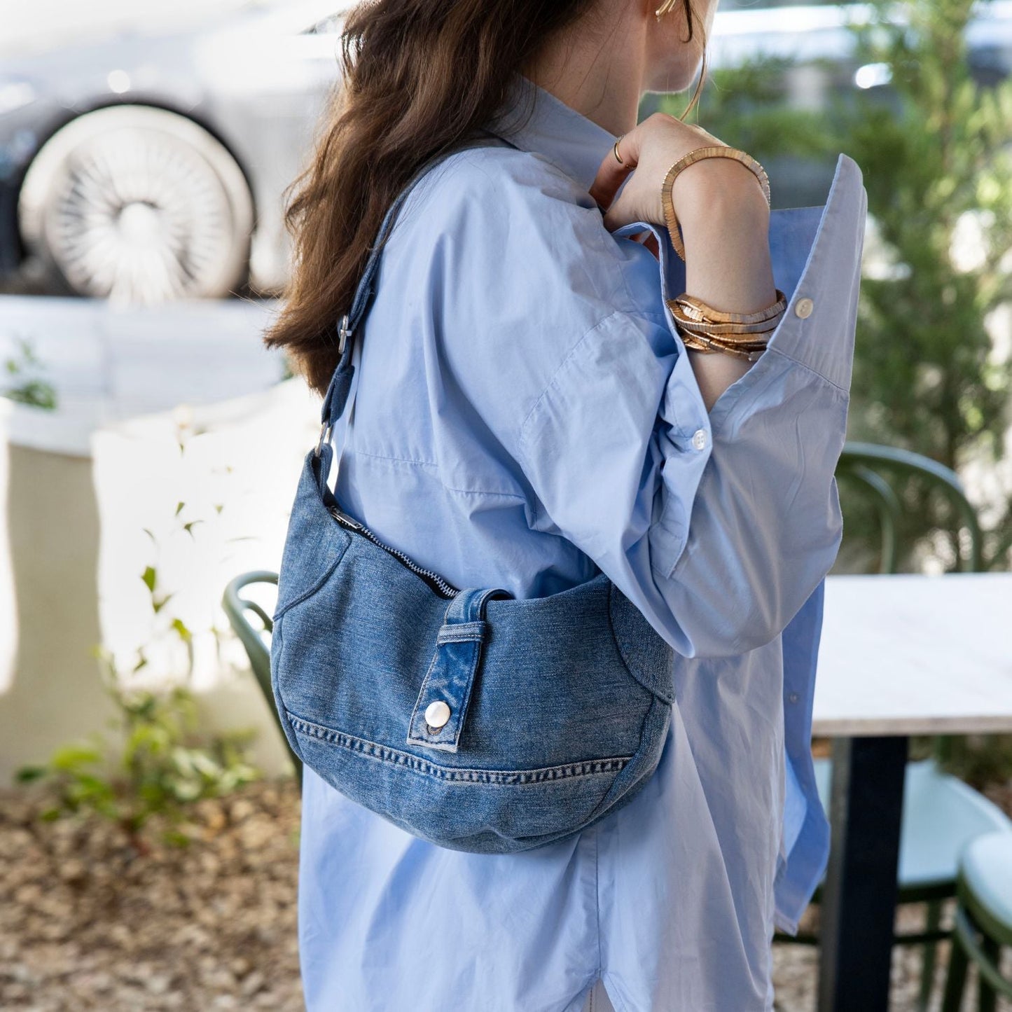 Brooklyn Crescent / Upcycled Denim Crossbody Light Blue