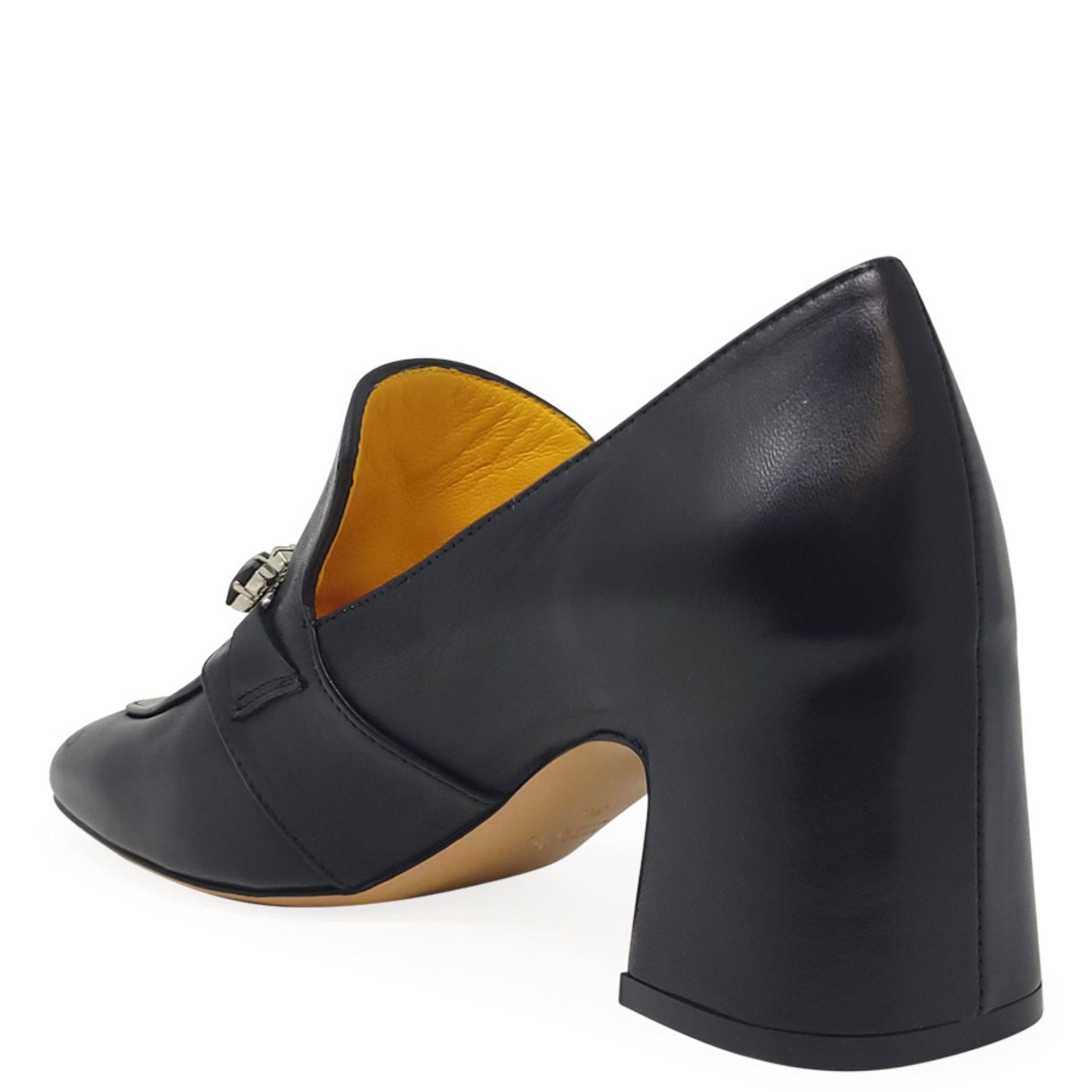 Black Leather Mid Heel Jeweled Loafer