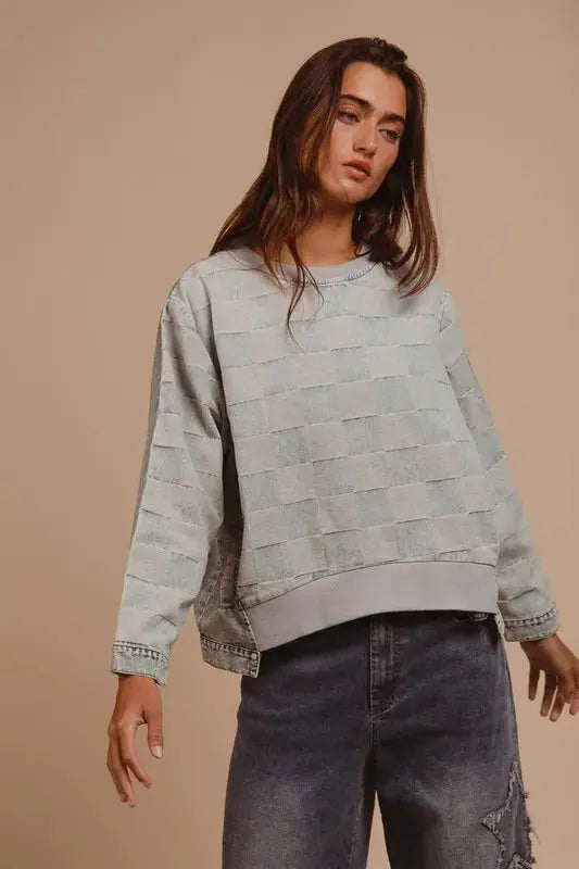 Denim Top - Mineral Washed Checkered - Casual Round Neck