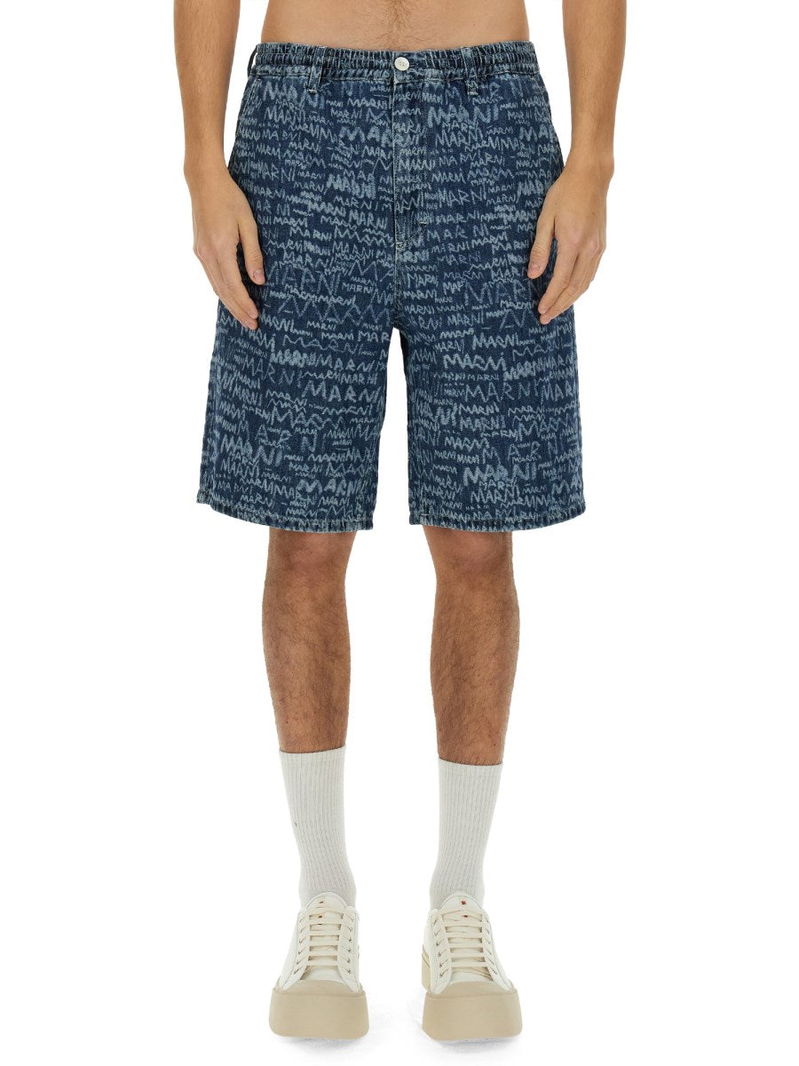 Denim Shorts with Scribble Logo Print