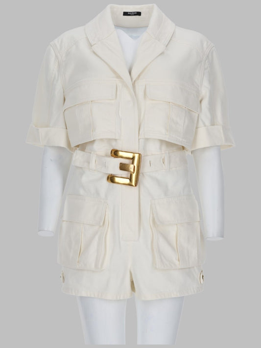 Belted Denim Jumpsuit in White
