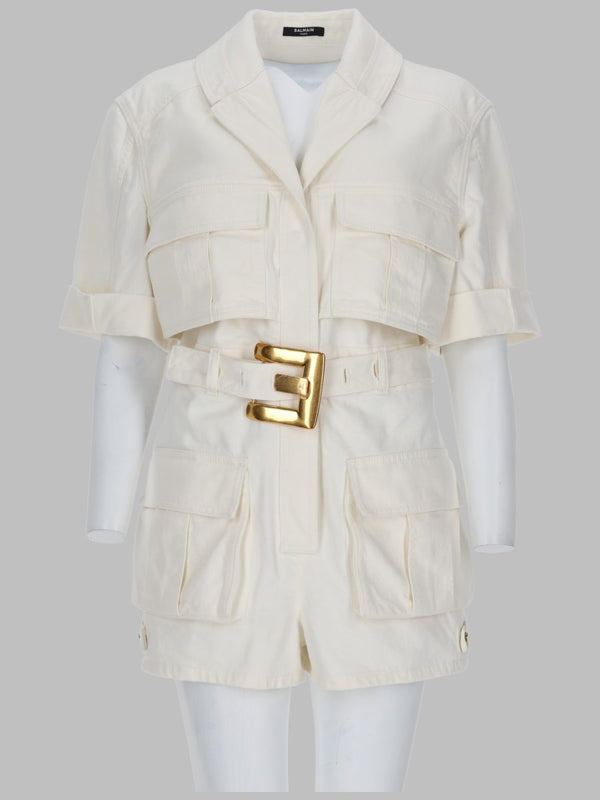 Belted Denim Jumpsuit in White
