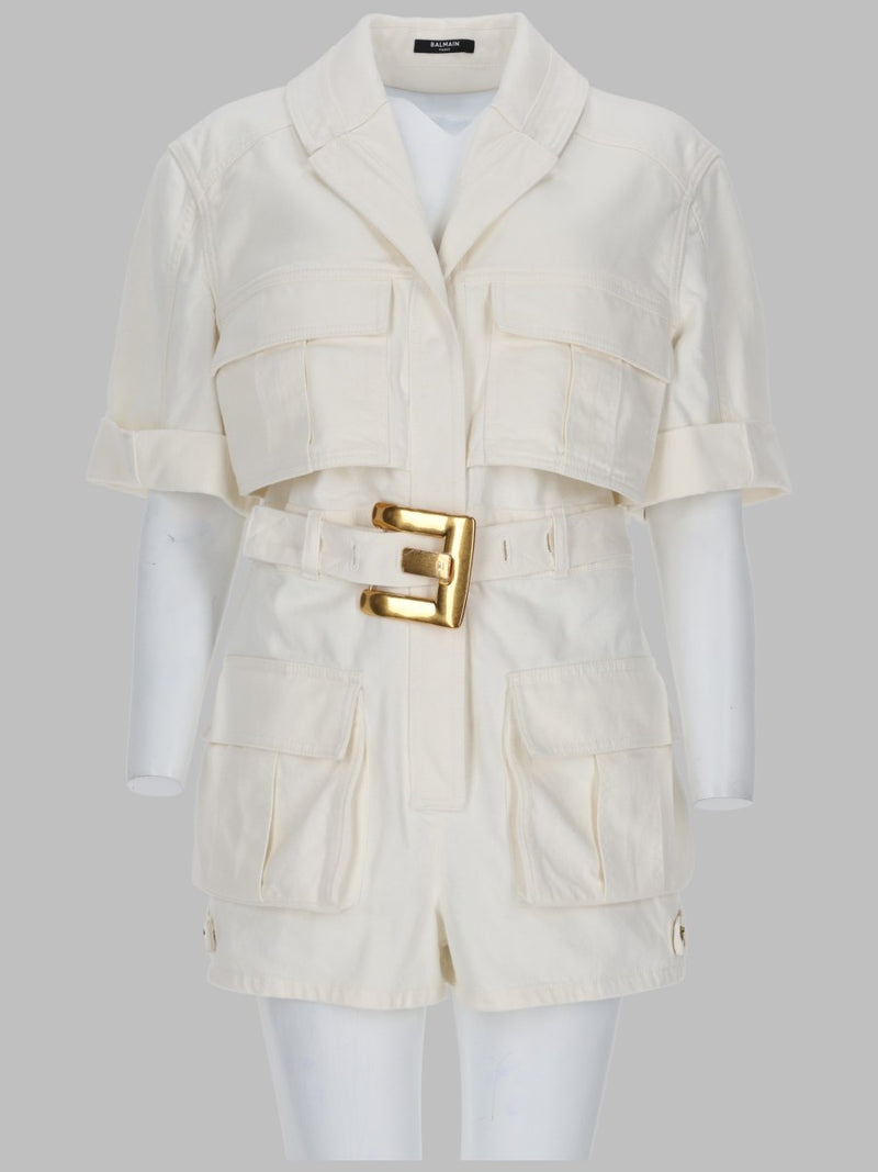 Belted Denim Jumpsuit in White