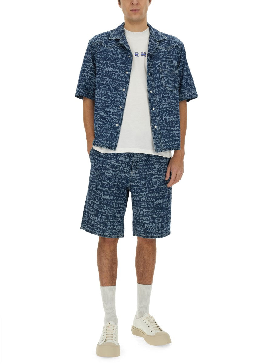 Denim Shorts with Scribble Logo Print