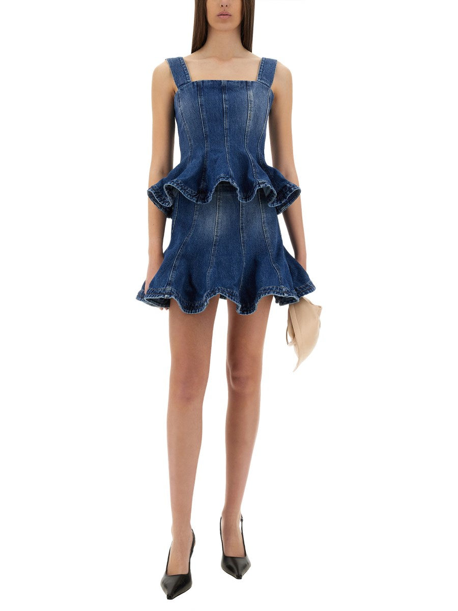 Ruffle-Hem Denim Mini Skirt