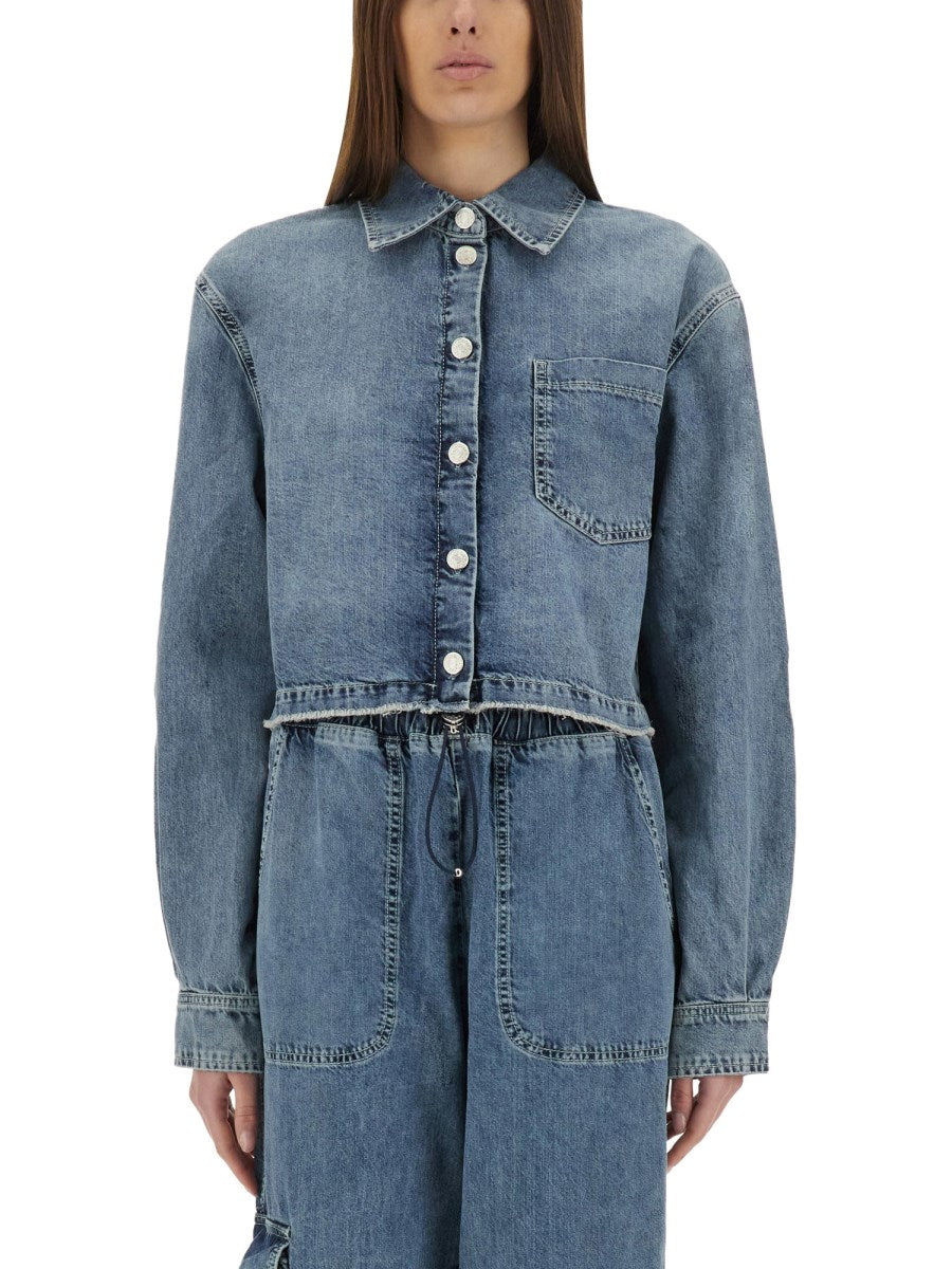 Cropped Denim Jacket in Mid Blue
