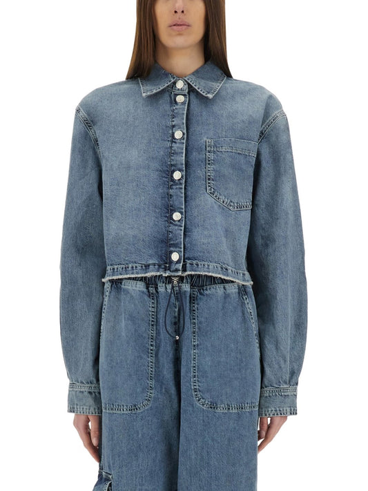 Cropped Denim Jacket in Mid Blue