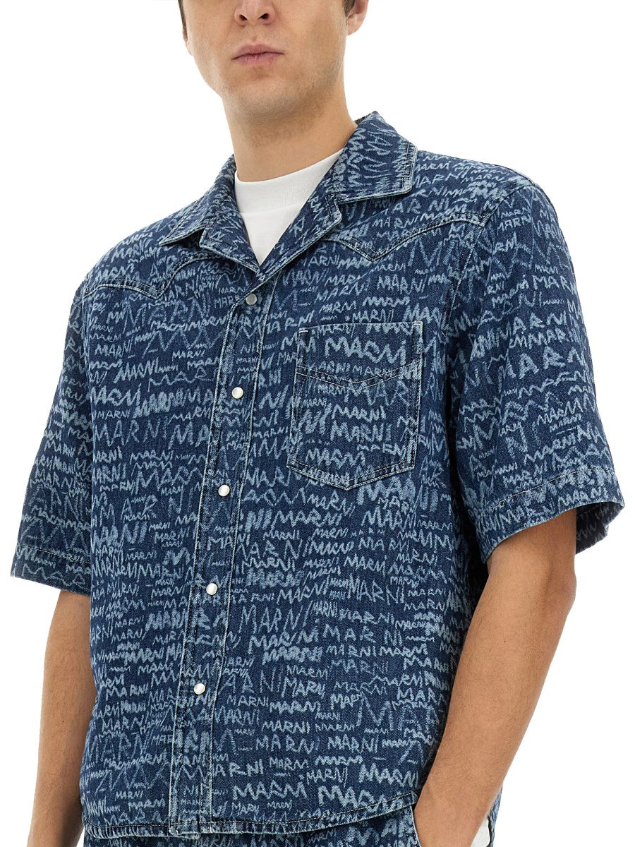 Denim Bowling Shirt with Scribble Logo Print