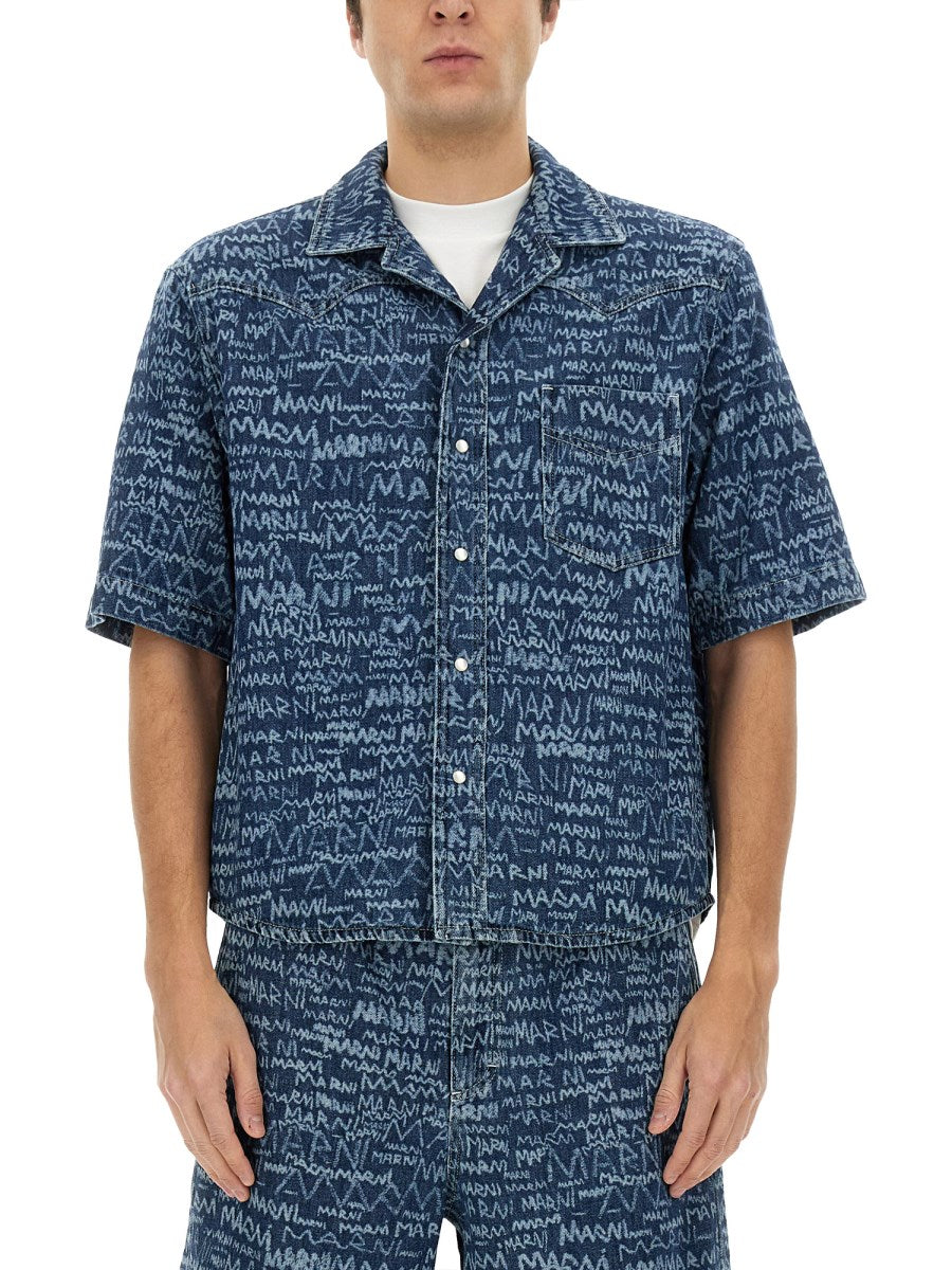 Denim Bowling Shirt with Scribble Logo Print