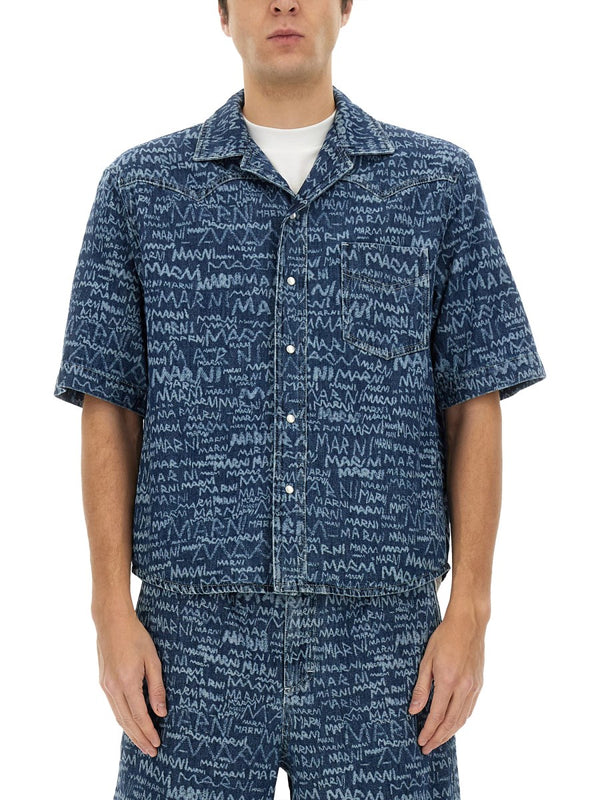 Denim Bowling Shirt with Scribble Logo Print