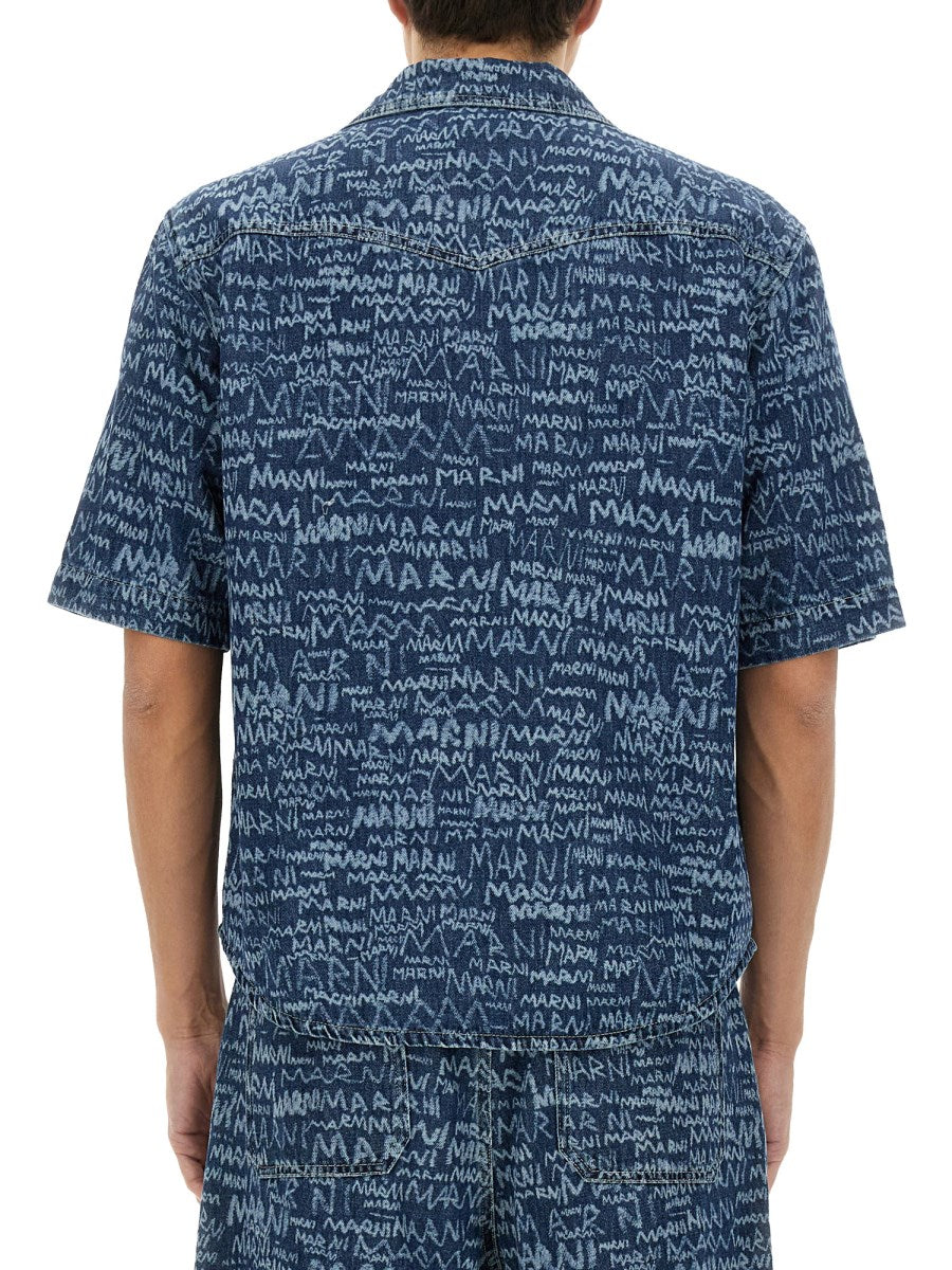 Denim Bowling Shirt with Scribble Logo Print