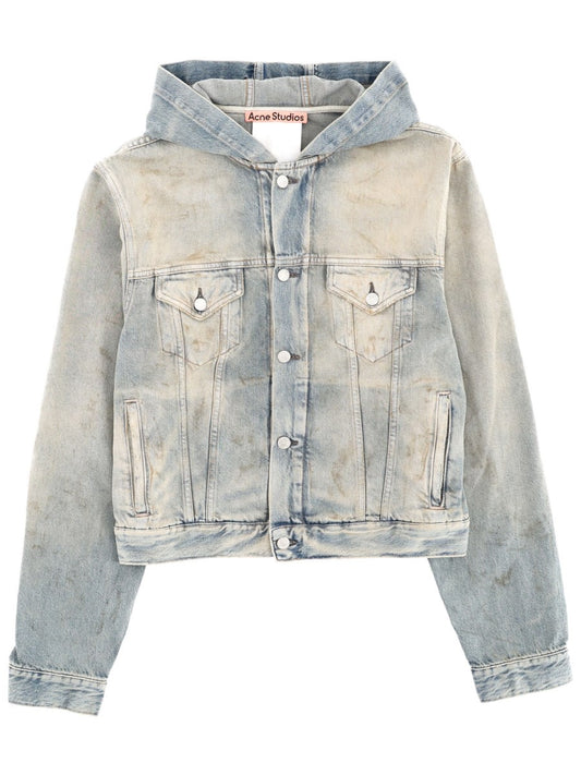 Hooded Denim Jacket in Washed Blue