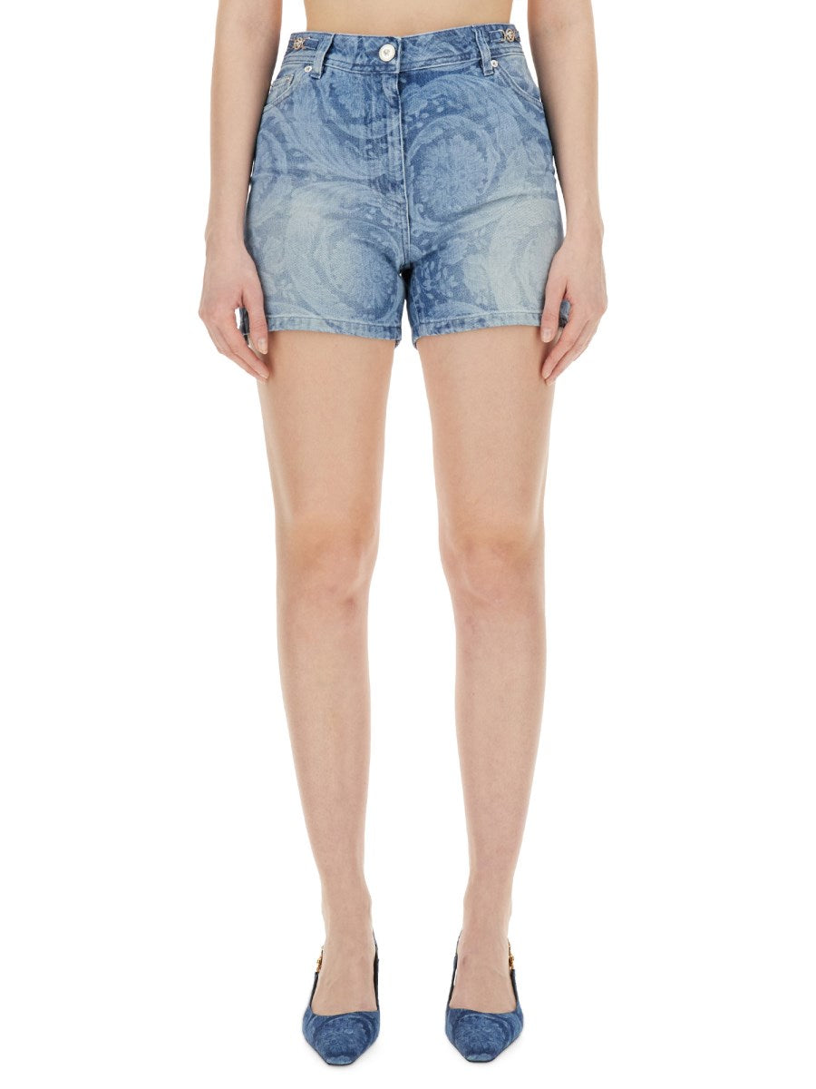 Baroque-Print Denim Shorts