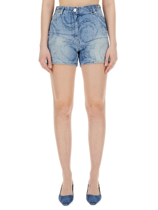 Baroque-Print Denim Shorts