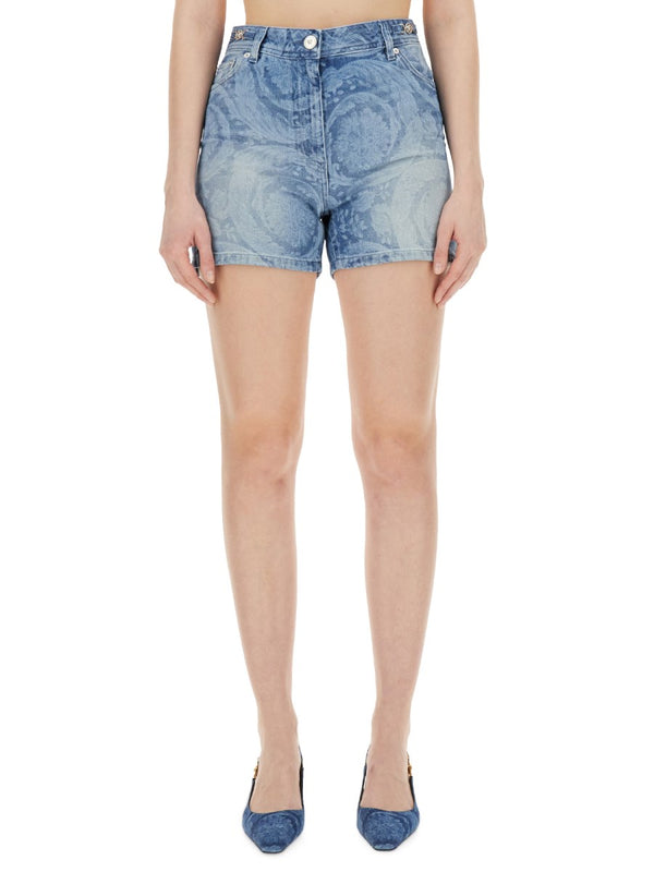 Baroque-Print Denim Shorts
