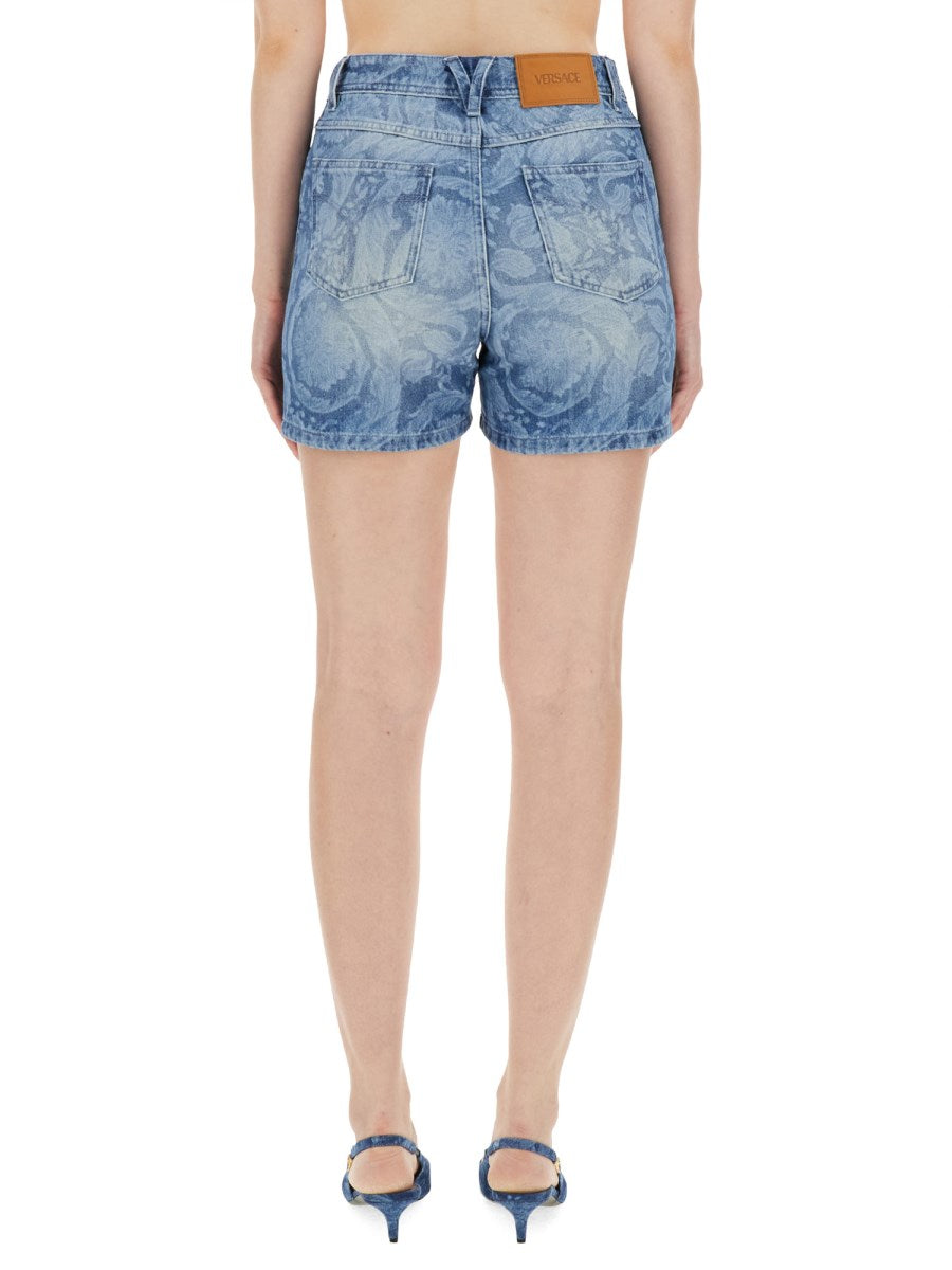 Baroque-Print Denim Shorts
