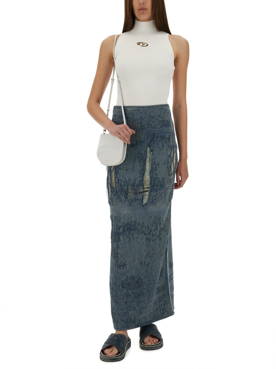 Long Distressed Denim Skirt
