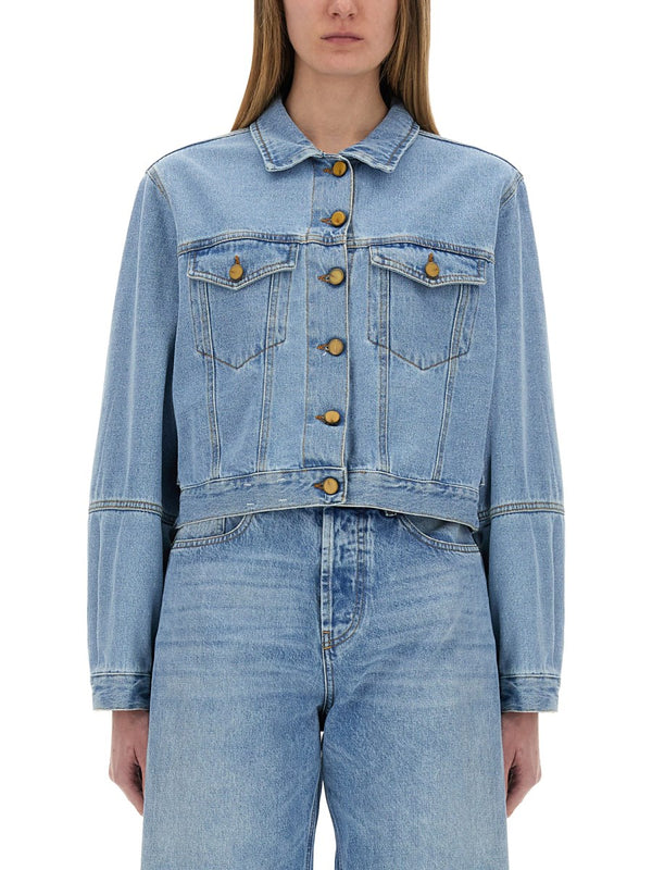 Cropped Denim Jacket with Gold Buttons