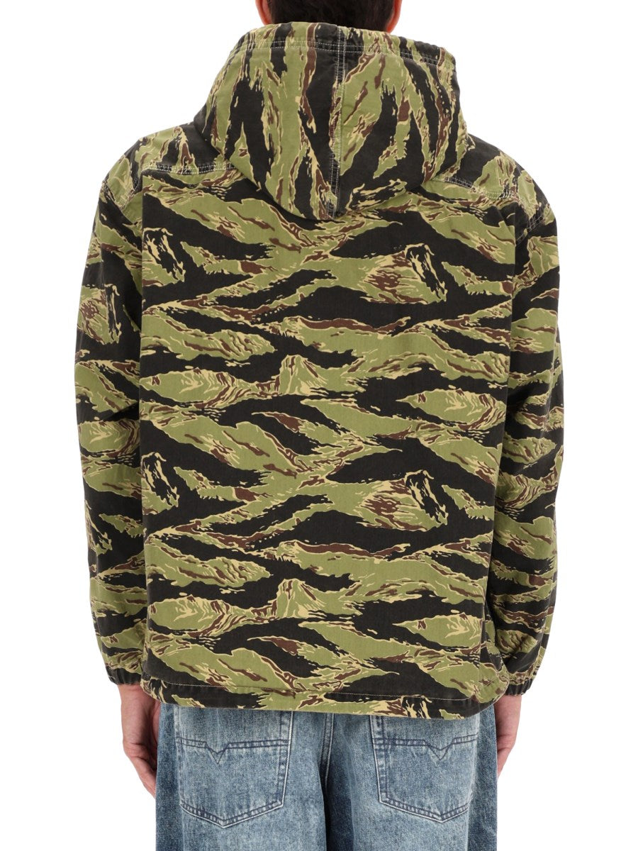 Hooded Denim Jacket with Camo Sleeves