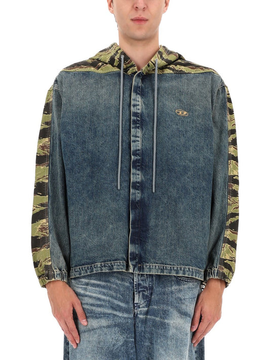 Hooded Denim Jacket with Camo Sleeves