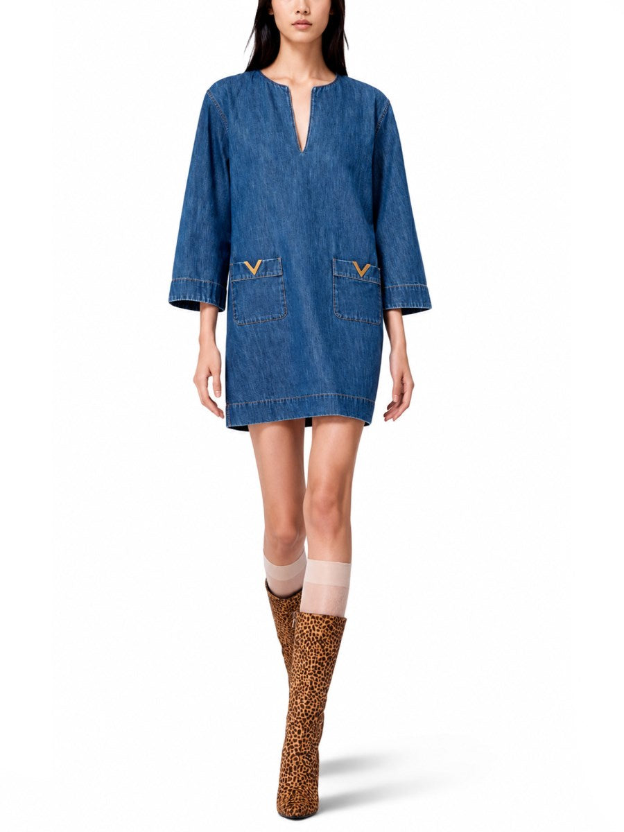 Chambray Tunic Dress with V Pockets