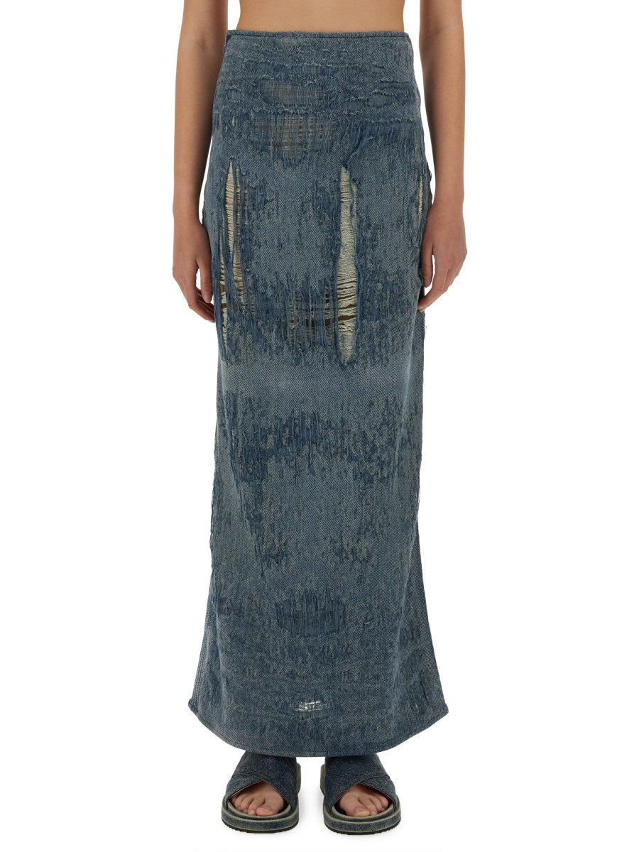 Long Distressed Denim Skirt