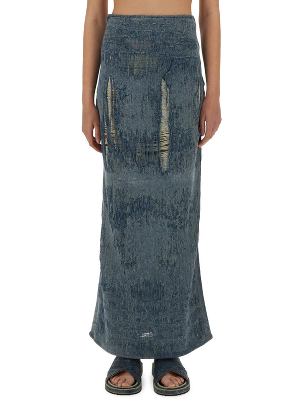 Long Distressed Denim Skirt