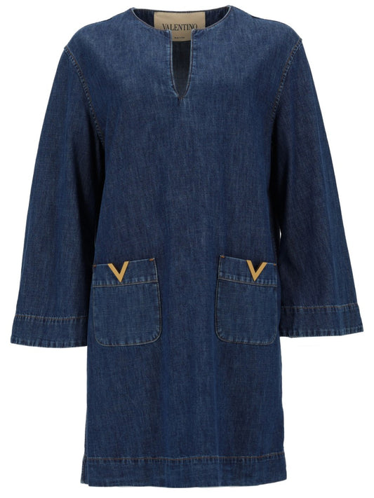 Chambray Tunic Dress with V Pockets